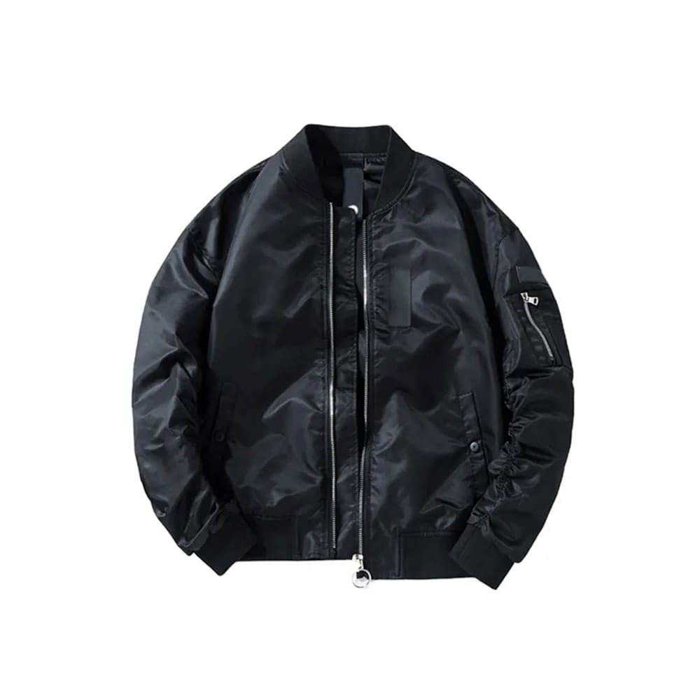Glossy satin bomber jacket with black ribbed cuffs and shiny finish
