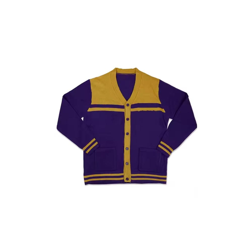 Two-tone knit cardigan in navy and gold with varsity-style stripes – custom team sweater
