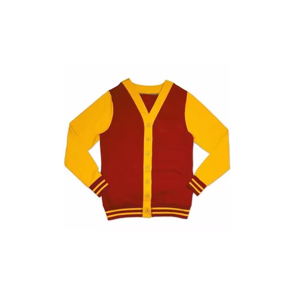 Varsity-style color-block knit cardigan in red and yellow with striped cuffs – custom team sweater