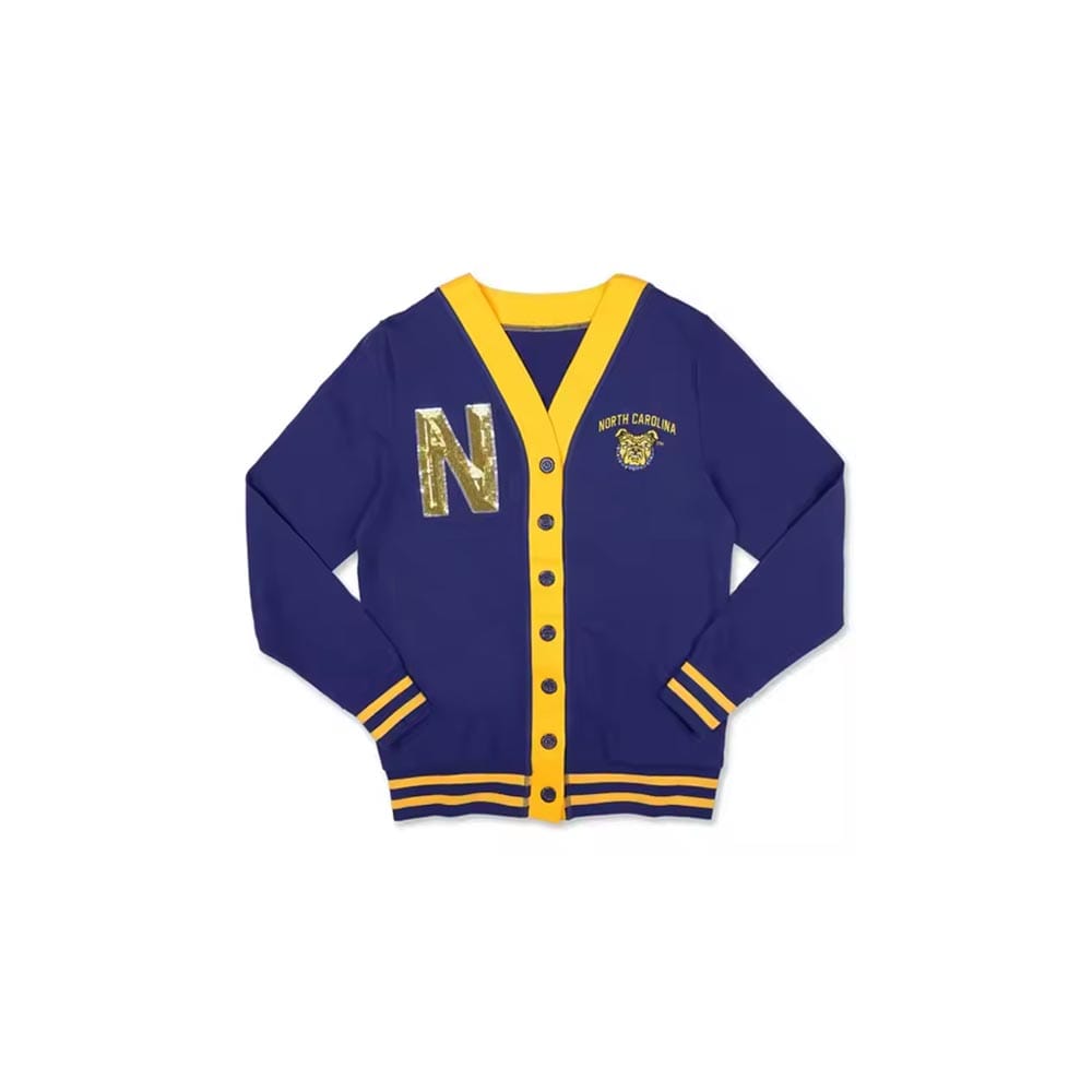 Varsity-style knit cardigan in navy and yellow with letter embroidery – custom sports team sweater