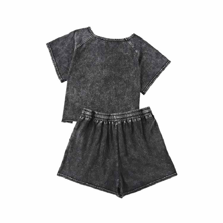 Washed black cotton short set with relaxed fit t-shirt and elastic waist shorts