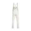 Custom slim-fit white denim overalls with adjustable straps and side buttons