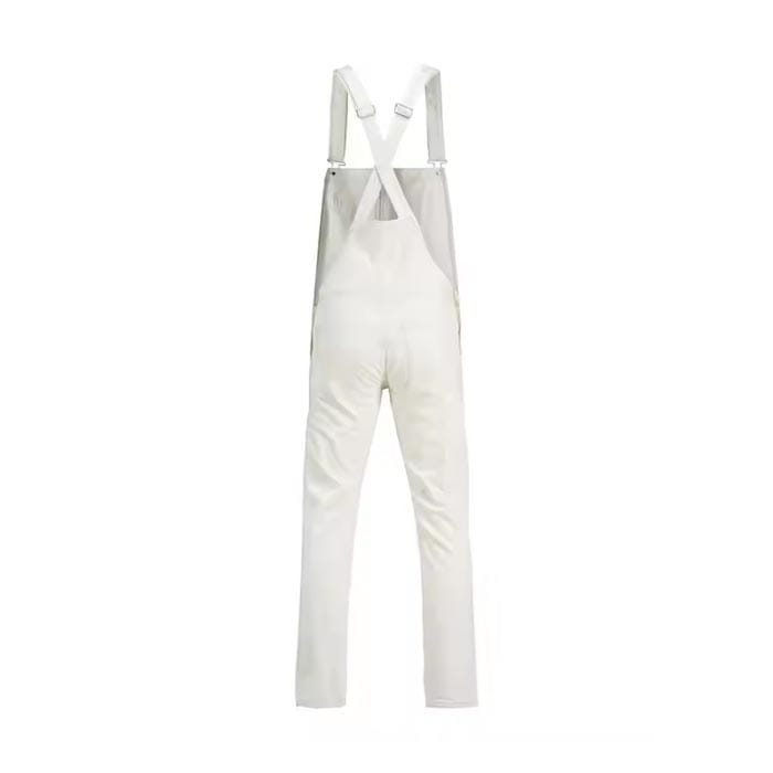 Custom slim-fit white denim overalls with adjustable straps and side buttons