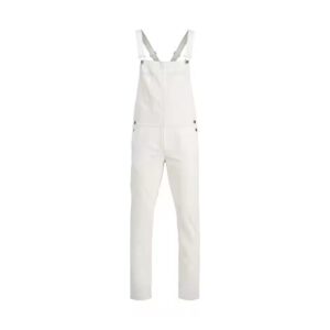 Custom slim-fit white denim overalls with adjustable straps and side buttons