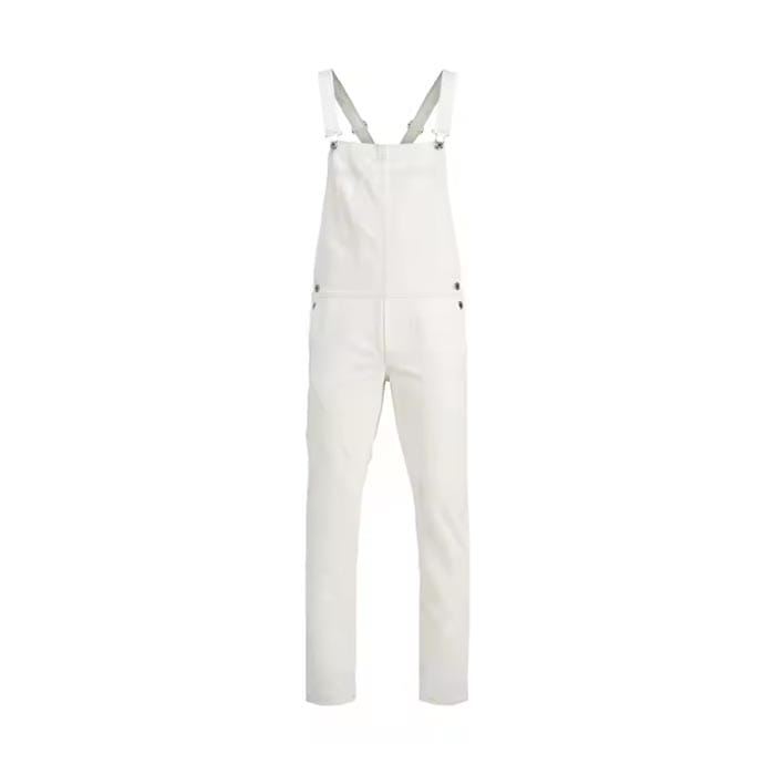 Custom slim-fit white denim overalls with adjustable straps and side buttons