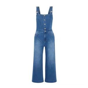 Wide-leg button-up denim overalls with adjustable straps and front pockets