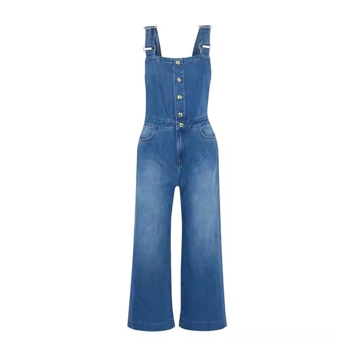 Wide-leg button-up denim overalls with adjustable straps and front pockets