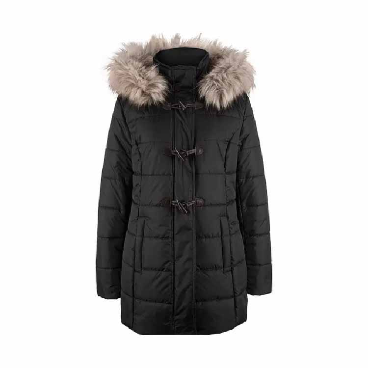 Women’s custom parka jacket with faux fur hood and waist belt
