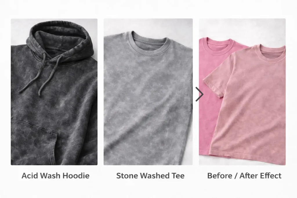 Streetwear wash effects including acid wash and stone wash