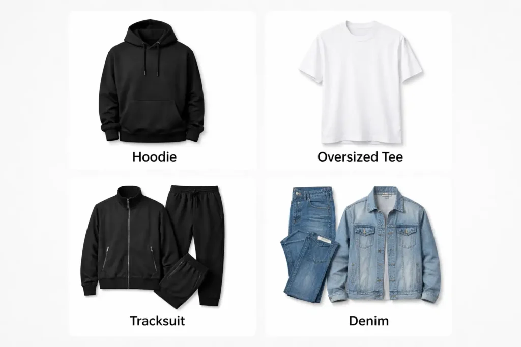 Streetwear clothing manufacturing including hoodies, t-shirts and tracksuits