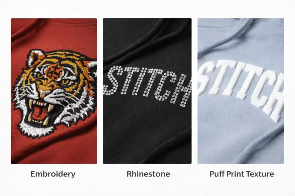 Streetwear printing and embroidery including rhinestone and puff print