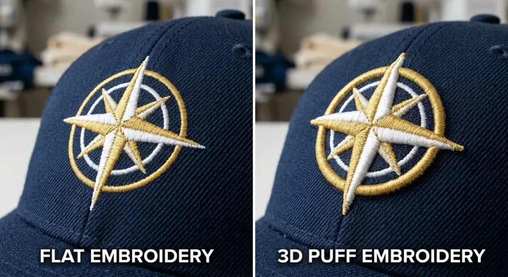 Comparison of flat embroidery and 3D puff embroidery on cap