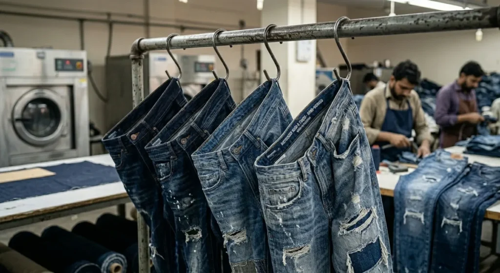 Distressed and washed jeans manufactured by custom denim manufacturer