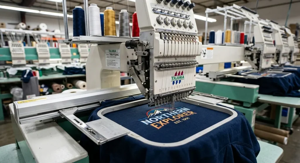Industrial embroidery machine stitching custom logo on hoodie