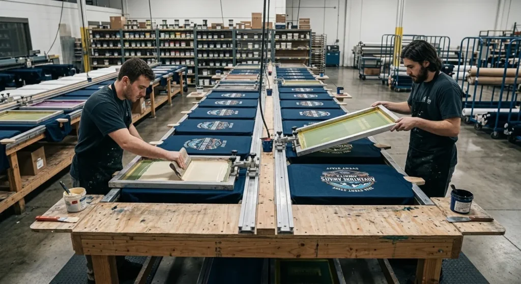 Professional screen printers using long table presses to print custom designs on high-quality t-shirts for a clothing brand.