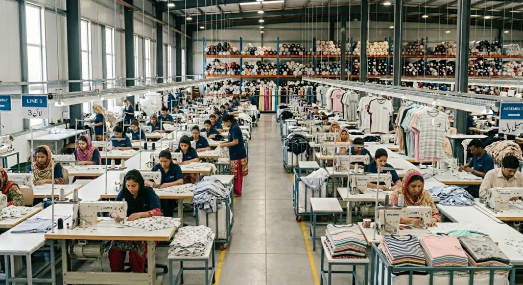 Professional clothing manufacturer factory producing custom apparel in bulk