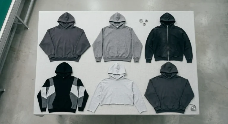 Different custom hoodie styles including oversized heavyweight and zip up designs