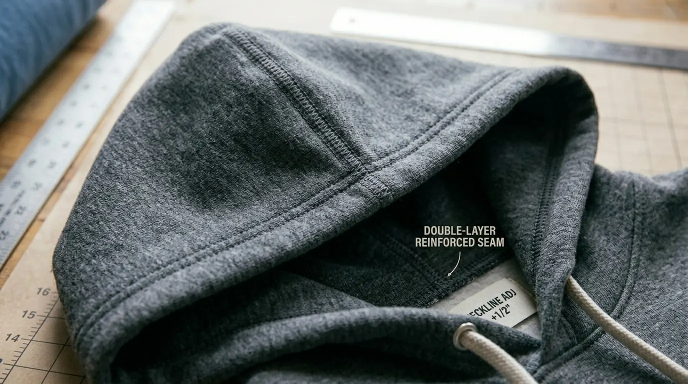 Double layer hood construction with reinforced stitching on premium hoodie