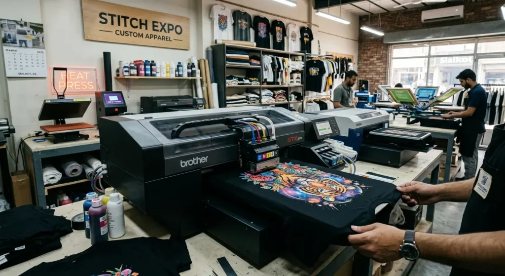 DTG printing machine printing colorful design directly onto cotton t shirt