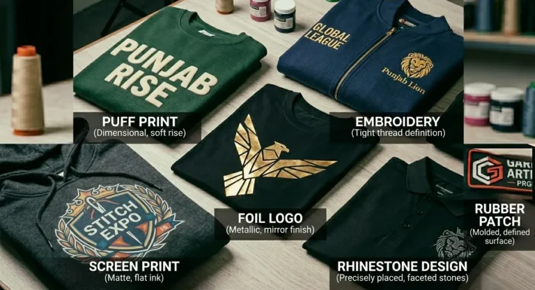 Custom garment printing and embroidery services including screen printing puff printing foil and rhinestone decoration