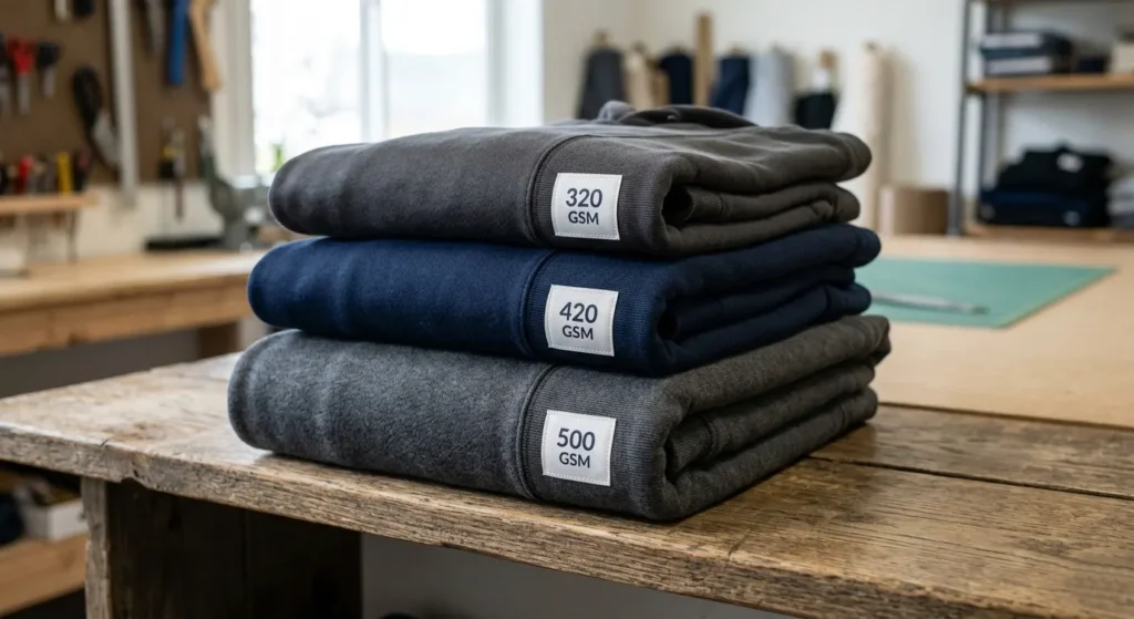 Comparison of mid weight and heavyweight hoodie GSM thickness