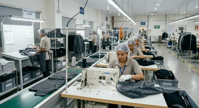 Custom hoodie manufacturing production line with industrial stitching machines