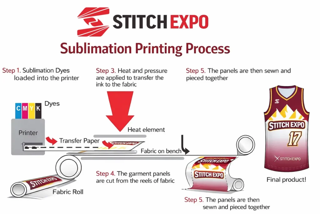 Stitch Expo sublimation printing process diagram showing printer, transfer paper, heat press, fabric cutting, and final custom jersey.