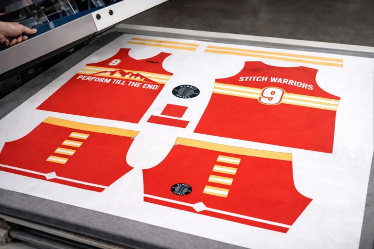 Sublimation printing process transferring colorful team uniform design onto polyester jersey