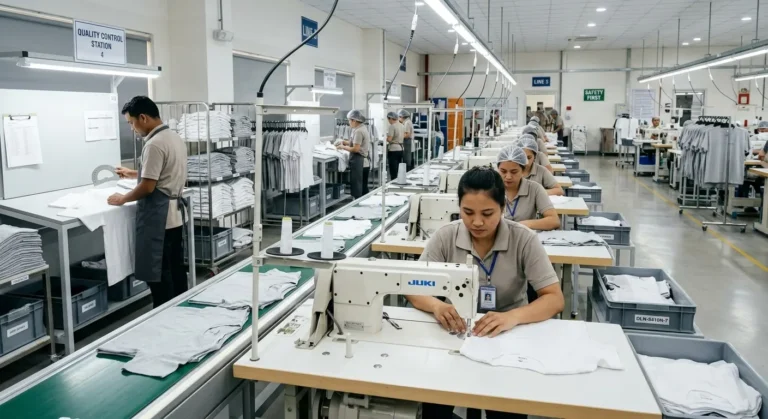 Custom t shirt manufacturing production line with quality control inspection