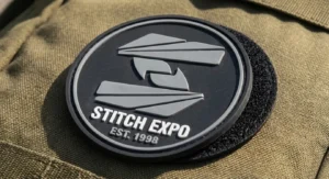 Close-up of a Velcro rubber patch with raised 3D logo attached to tactical gear fabric, showing hook-and-loop backing used for easy attachment and removal.