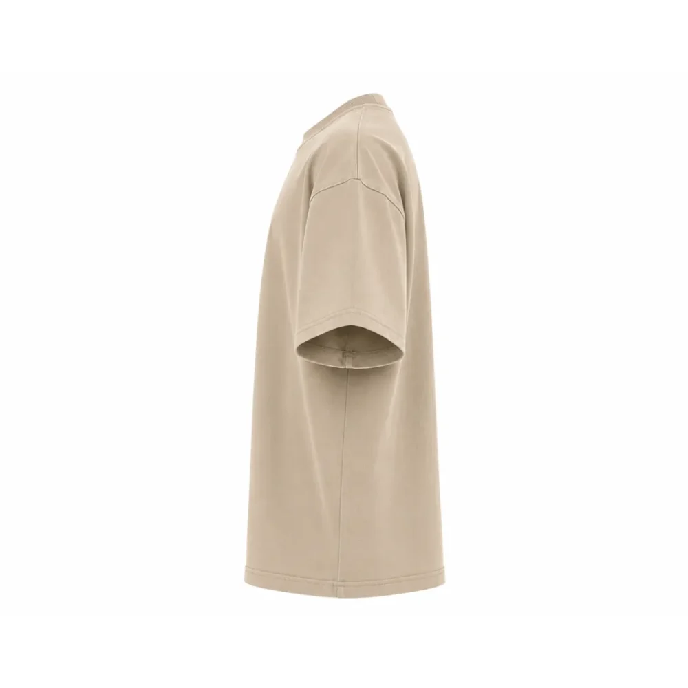 Custom Beige Oversized Heavyweight T Shirt Manufacturer Boxy Fit Streetwear Cotton Tee 3 Side View of Beige Oversized Heavyweight Streetwear T Shirt with Drop Shoulder Fit