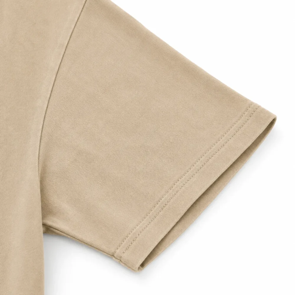 beige-oversized-tshirt-sleeve-closeup Closeup Sleeve Stitching of Beige Oversized Heavyweight Streetwear T Shirt