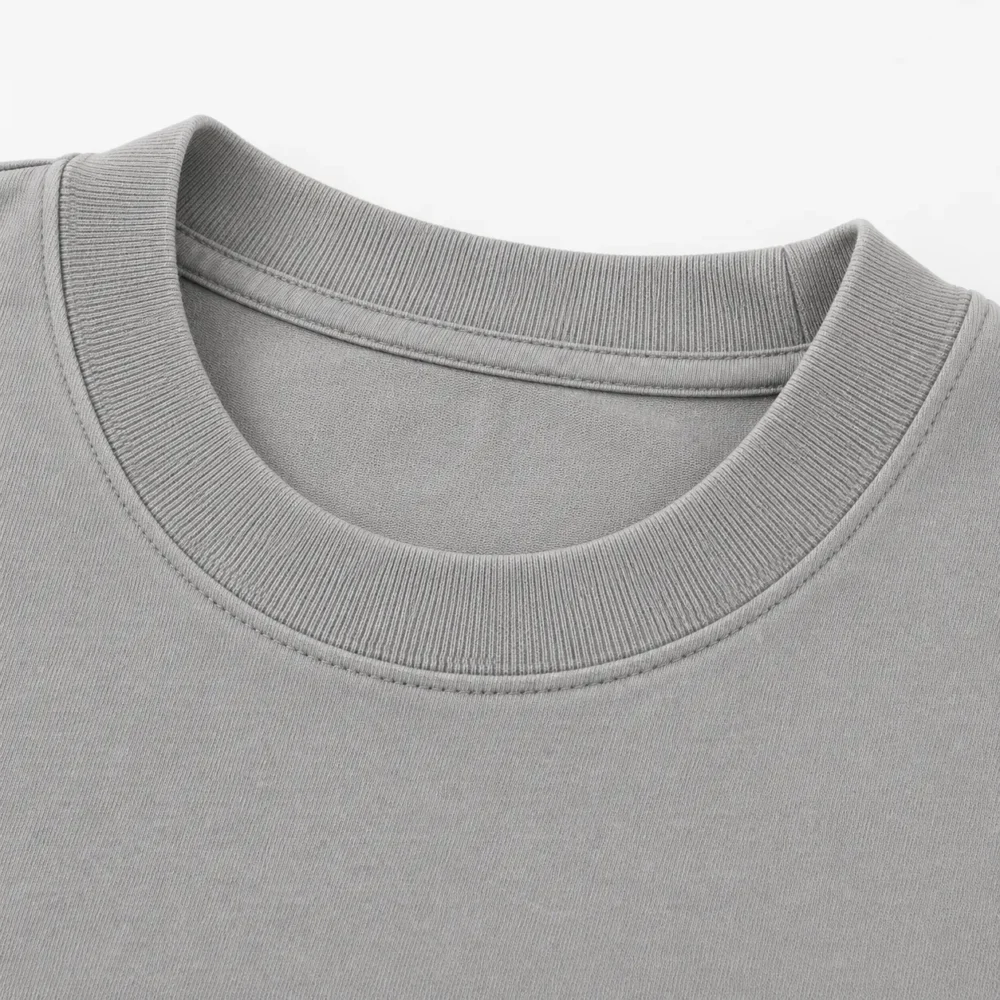 Closeup Rib Collar of Grey Heavyweight Oversized Cotton Streetwear T Shirt