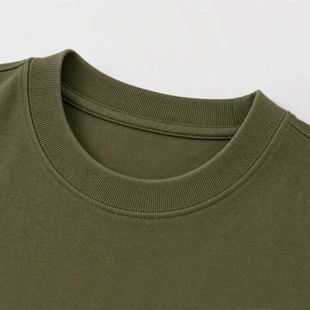 Heavyweight Olive Oversized T Shirt Rib Collar Closeup