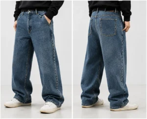 14 oz baggy wide-leg jeans front and back view