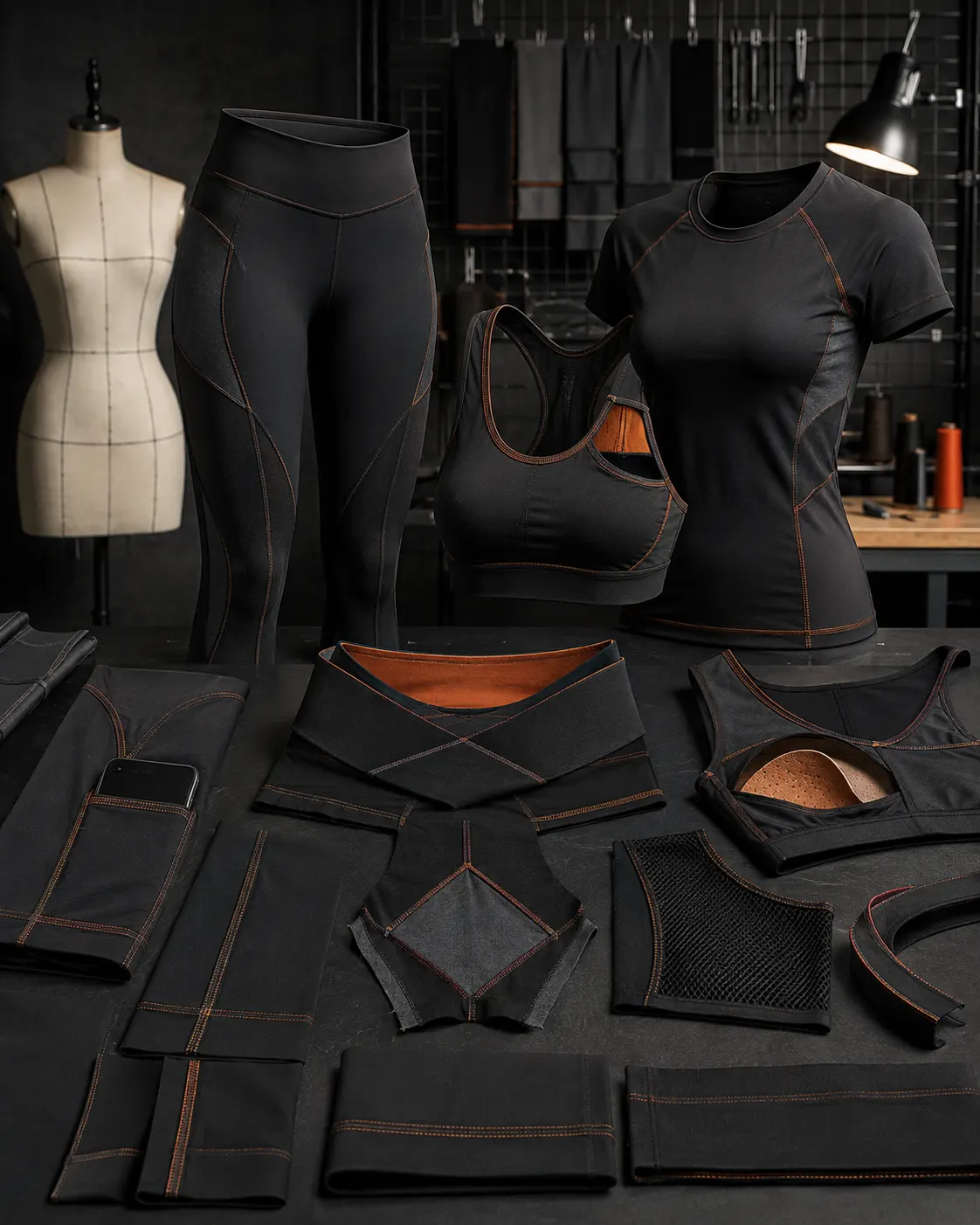 Activewear garment construction flatlock seams waistband and stretch stitching