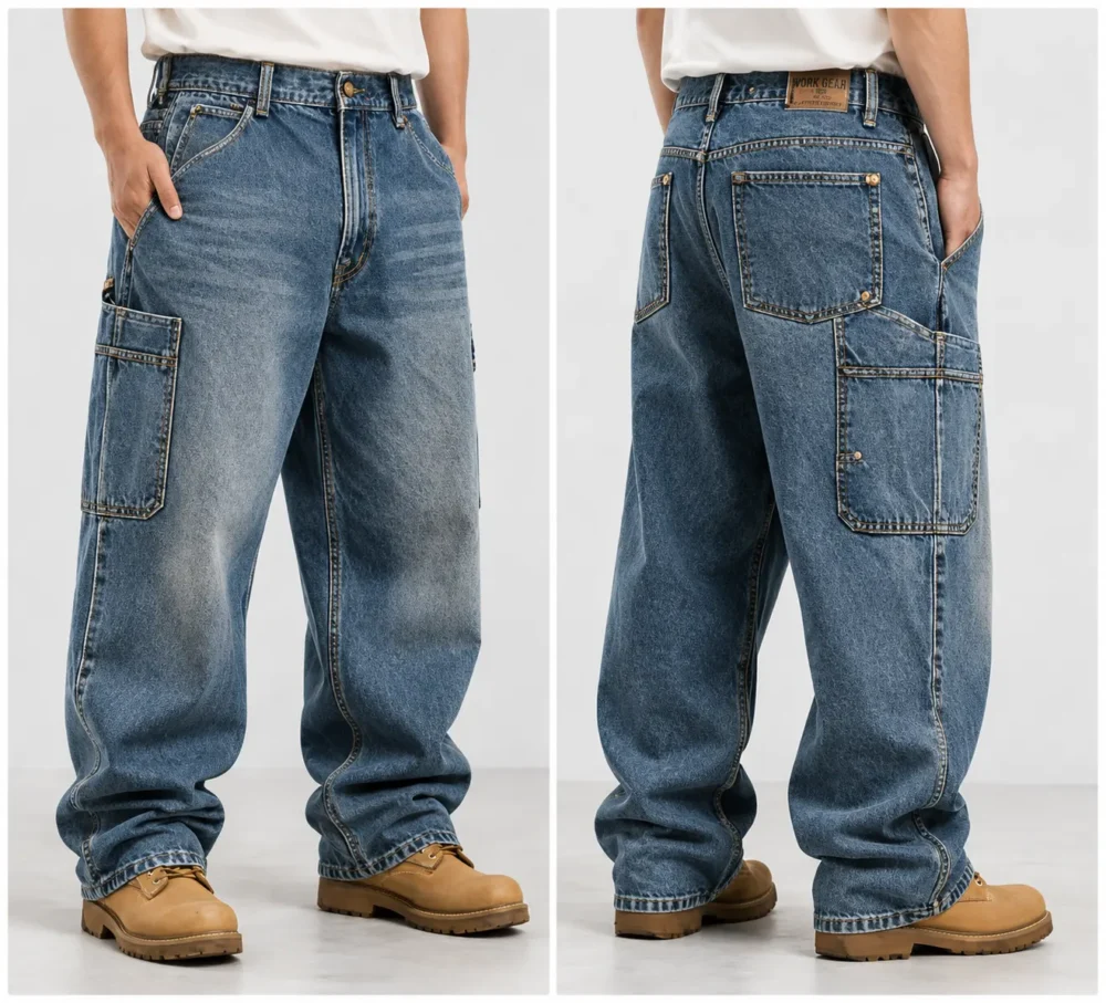 Carpenter Baggy Jeans Carpenter baggy jeans with utility pockets front and back view