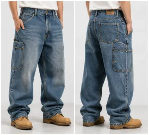 Carpenter baggy jeans with utility pockets front and back view