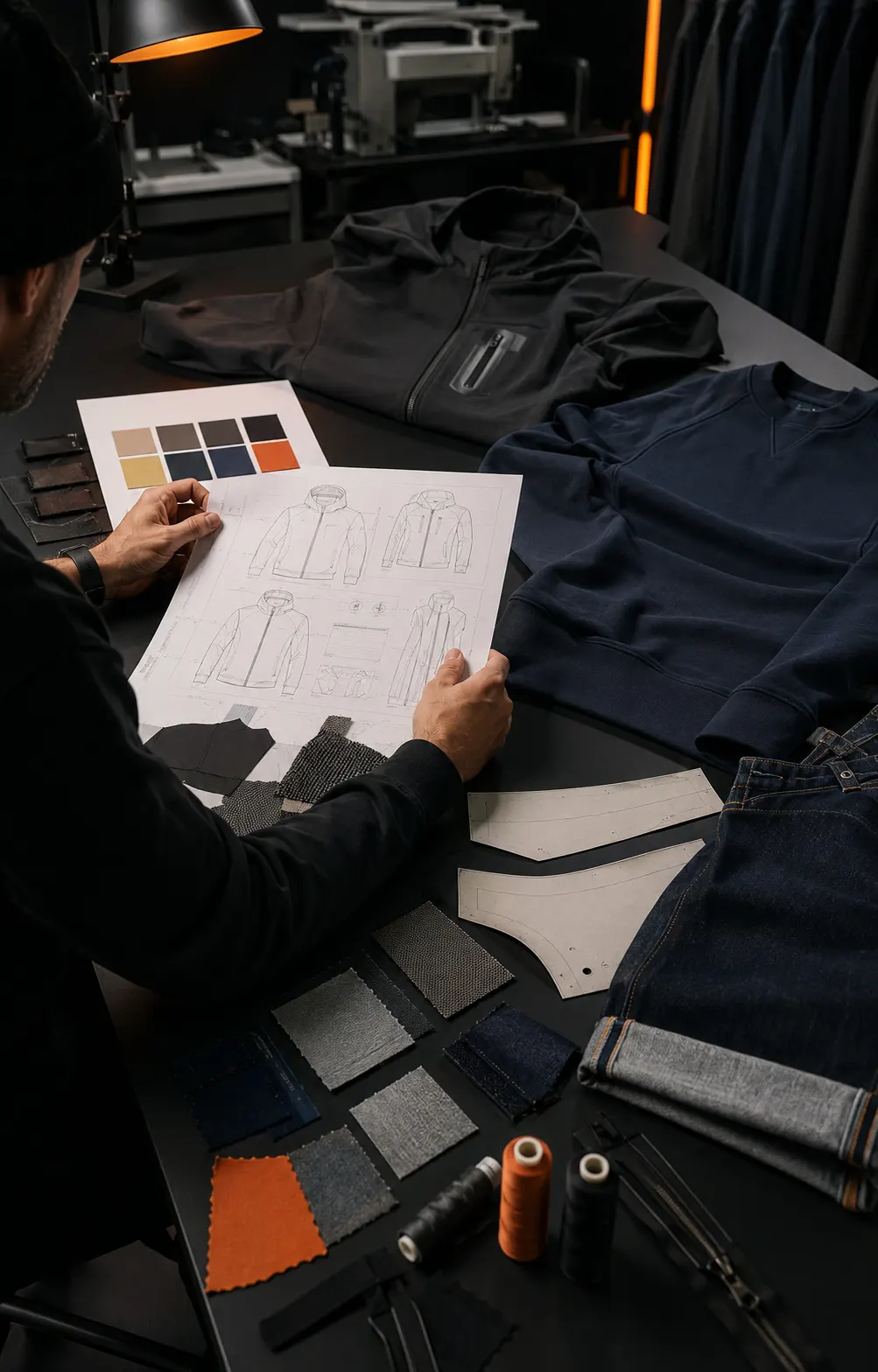 Custom apparel product development with fabric swatches and garment specifications