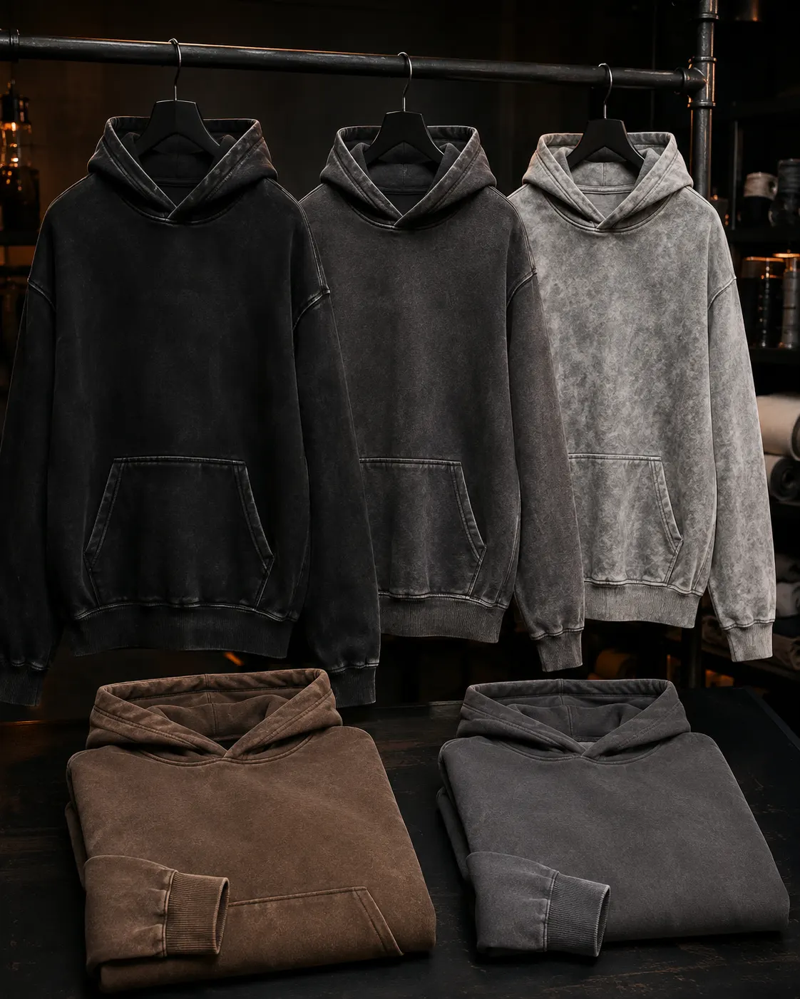 Custom washed and vintage hoodie finishes