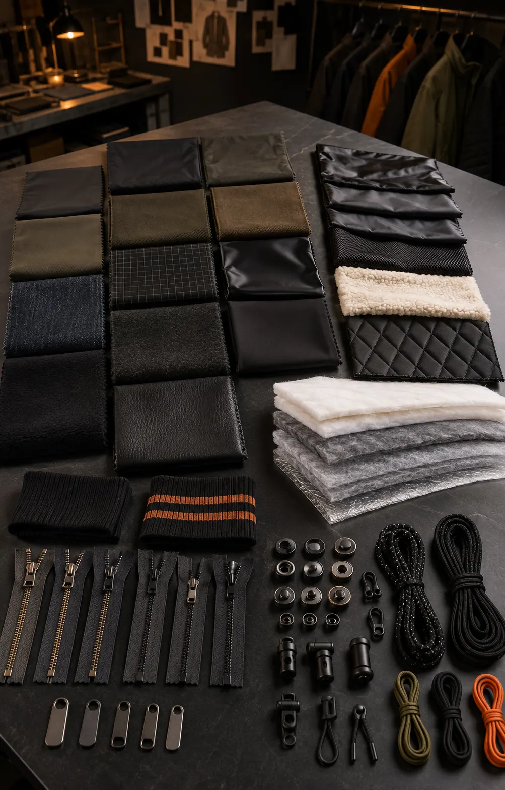 Jacket fabrics linings insulation zippers snaps and trims