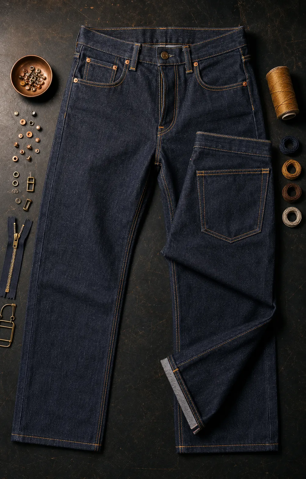 Custom jeans stitching pockets and hardware construction