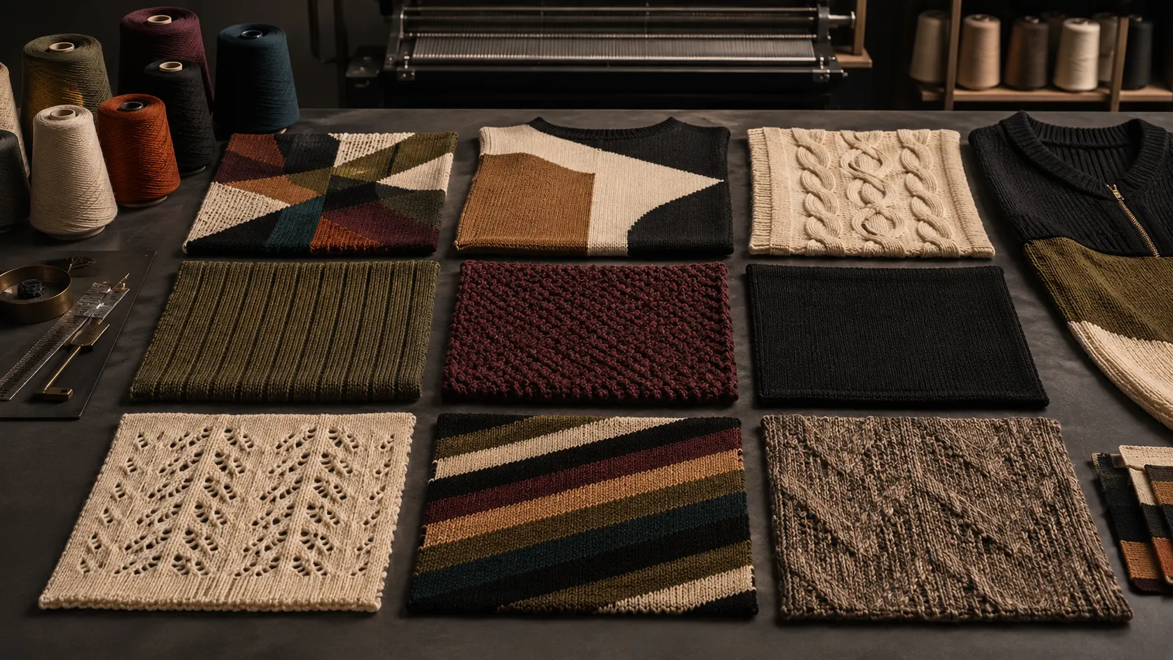 Jacquard intarsia cable rib pointelle and knitted structure samples