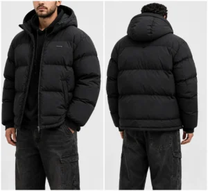 Custom oversized black puffer jacket front and back view