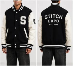 Custom varsity jacket front and back view with embroidery and appliqué
