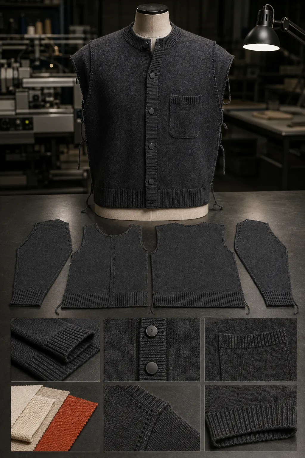 Fully fashioned knitwear panels linking rib trims and garment construction