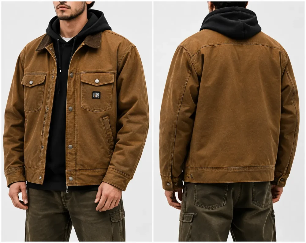 Heavyweight brown workwear jacket front and back view