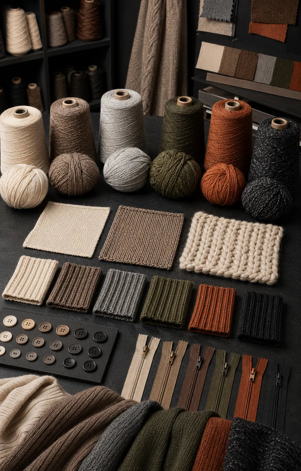 Knitwear yarn cones fibres colours and knitted swatches for product development