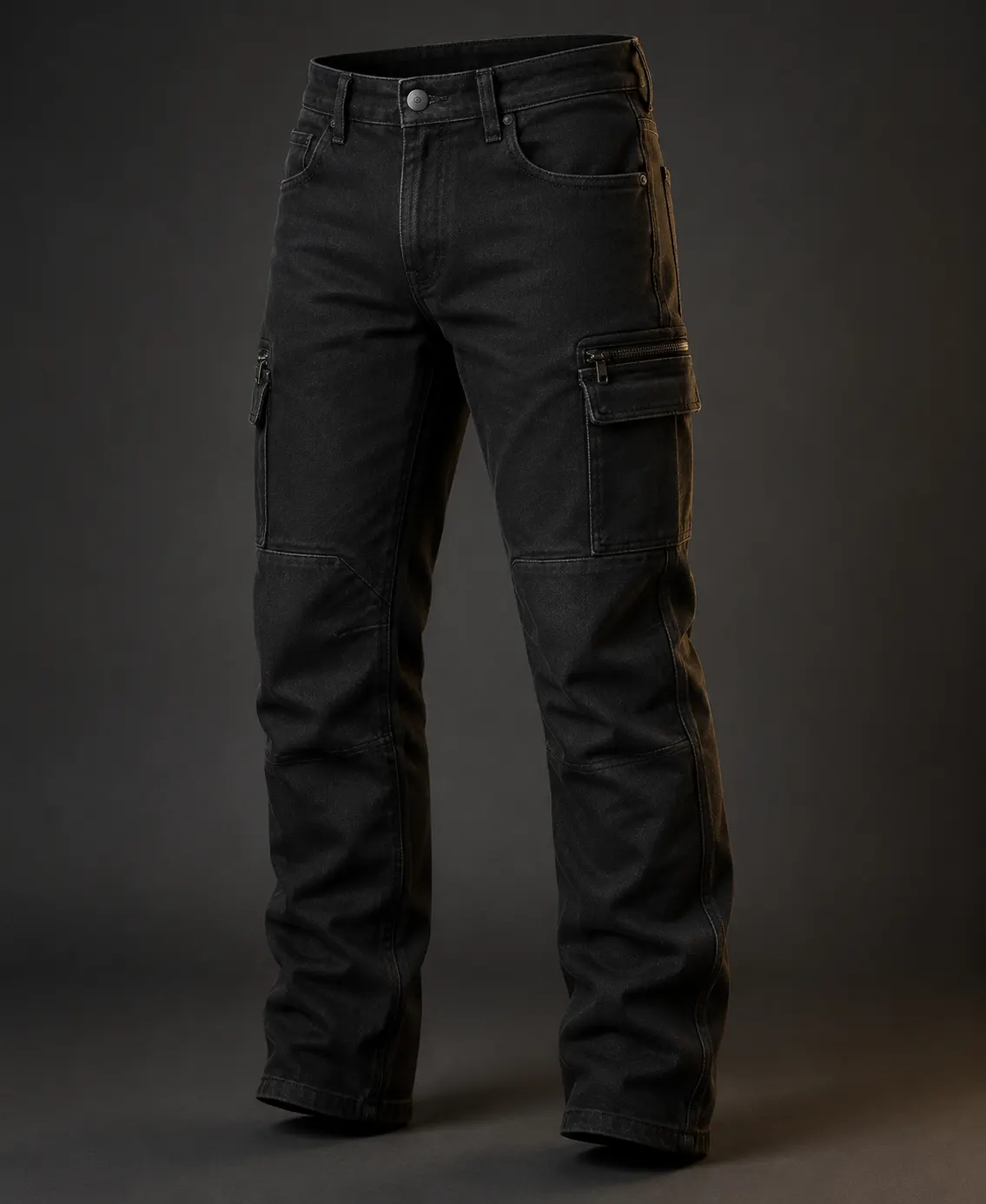 Black custom motorcycle cargo jeans with secure utility pockets