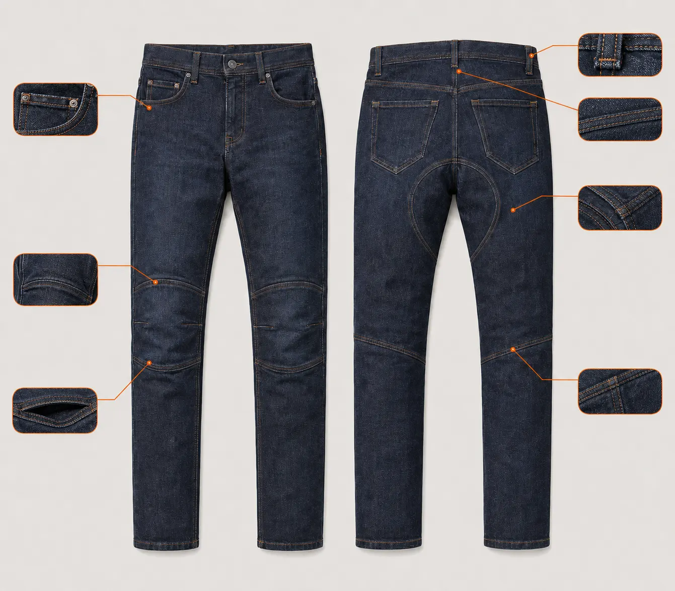 Technical front and back view showing customizable motorcycle jeans construction zones